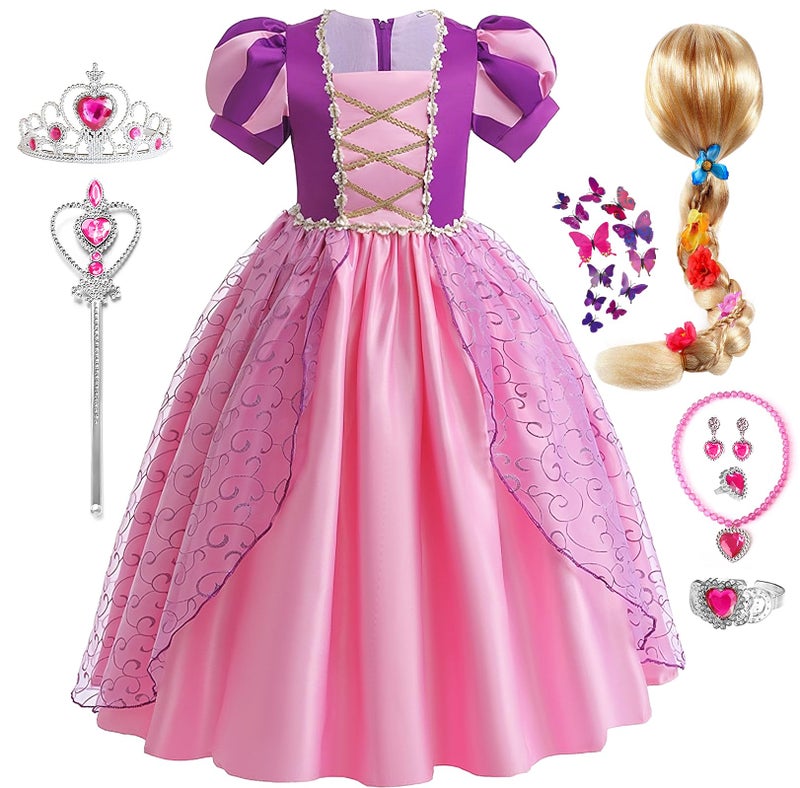 G.C Girls Rapunzel Dress Princess Dress Up Costume Toddler Puff Sleeve Dresses Wig Crown Wand Jewelry Necklace Halloween Cosplay Clothes Birthday Gifts Party Supplies - Image 1